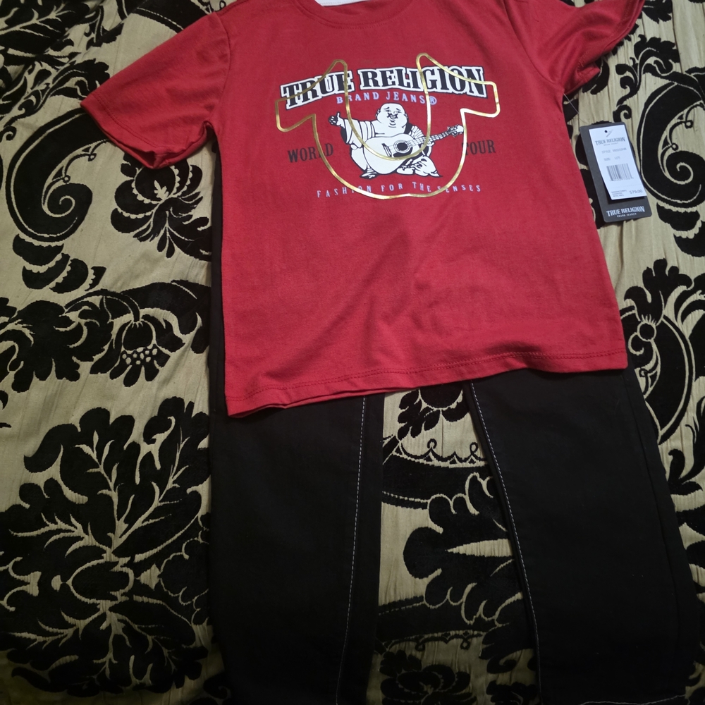 True Religion Red Tee and Black Jeans Set